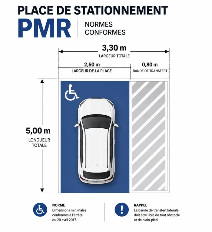 Schéma technique des dimensions d'une place de stationnement PMR conforme