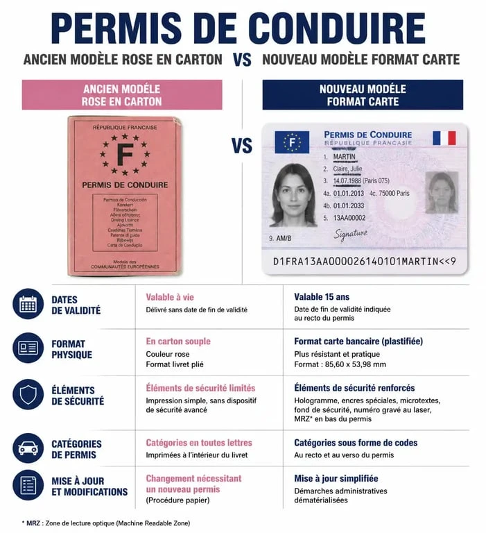 Comparatif entre l'ancien permis de conduire rose et le nouveau permis de conduire format carte bancaire : validité et caractéristiques.