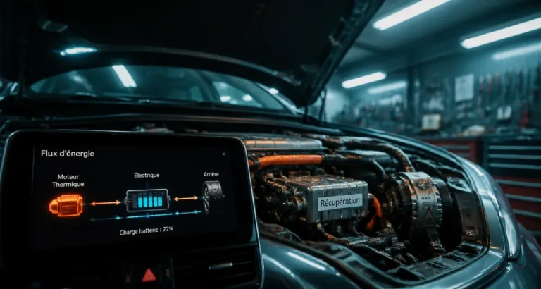 Fonctionnement voiture hybride : flux énergie thermique et électrique à l’écran