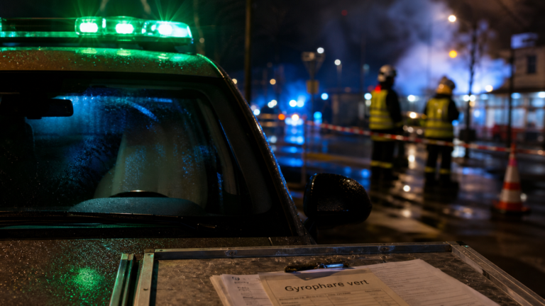Gyrophare vert LED sur véhicule de secours près d’un poste de secours