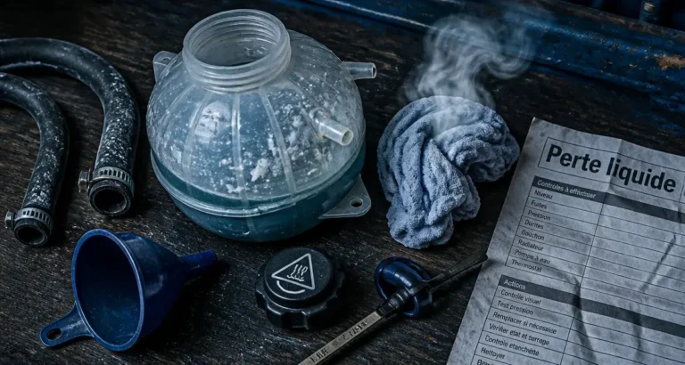 Perte de liquide de refroidissement : traces de fuite sur durites et vase d’expansion