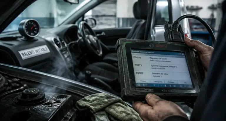 Ralenti instable : technicien branche l’outil de diagnostic OBD en atelier