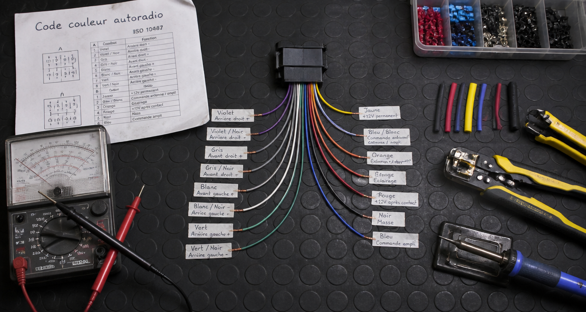 schema branchement autoradio couleur fils sur plan de travail