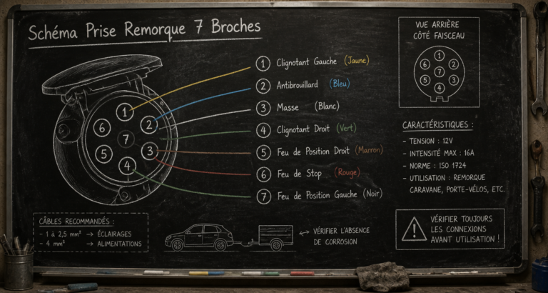 Schéma de branchement prise remorque 7 broches : guide technique et code couleur ISO 1724