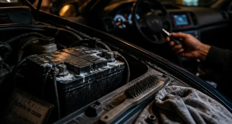 Voiture ne démarre pas mais radio fonctionne, batterie 12V sur cosses oxydées.
