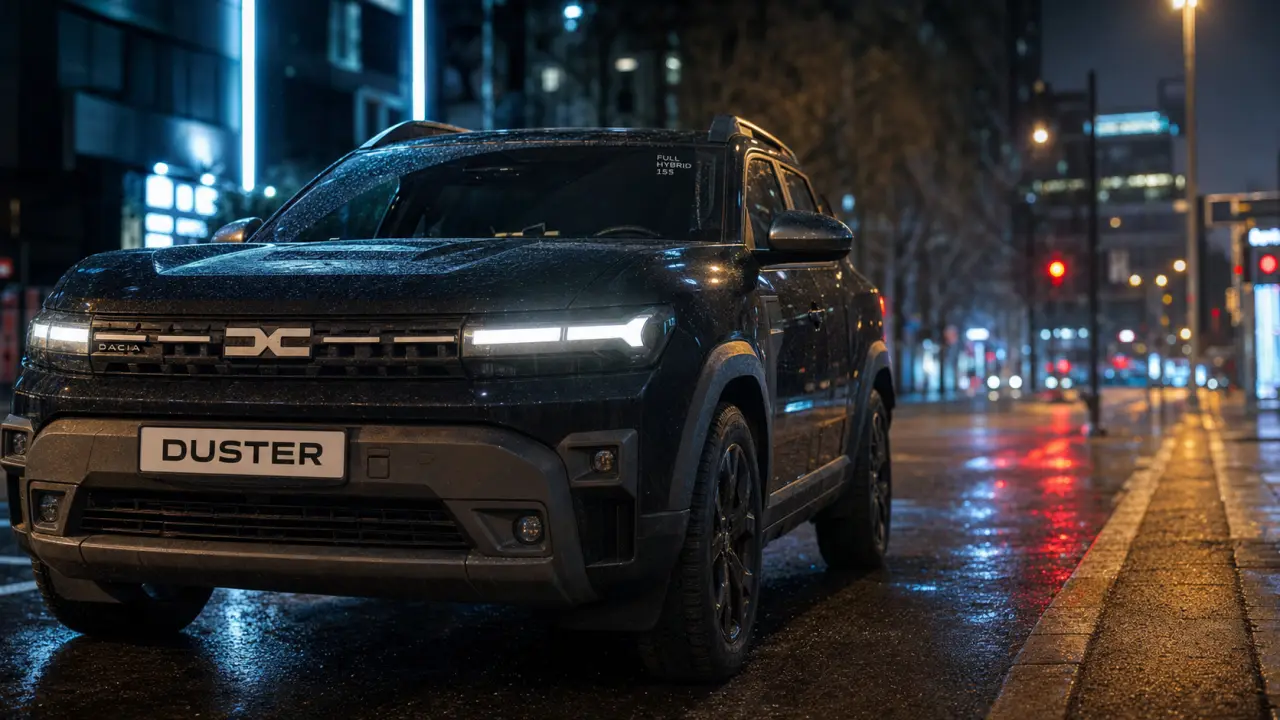 Duster hybride 2025 full hybrid 155 ch 4x4 noir sur rue mouillée