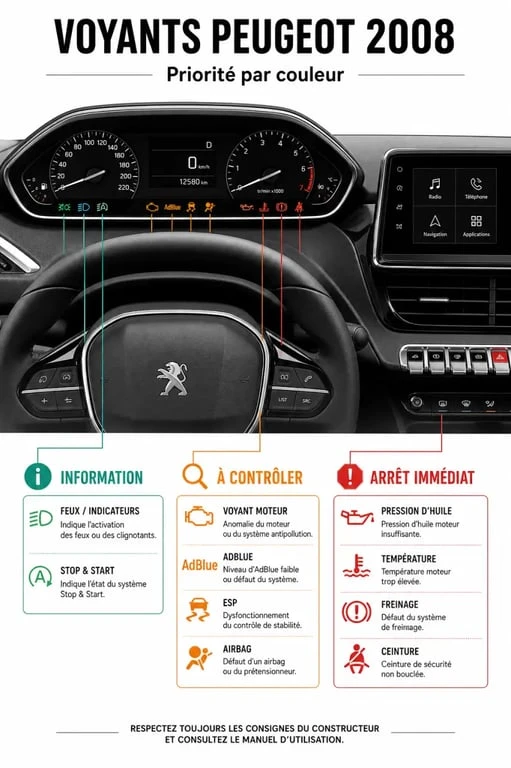 Voyants Peugeot 2008 sur tableau de bord, avec couleurs et niveaux d’urgence