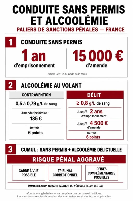 Infographie des sanctions pénales pour conduite sans permis avec alcoolémie positive