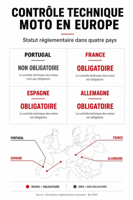 Tableau comparatif du contrôle technique moto au Portugal et en Europe