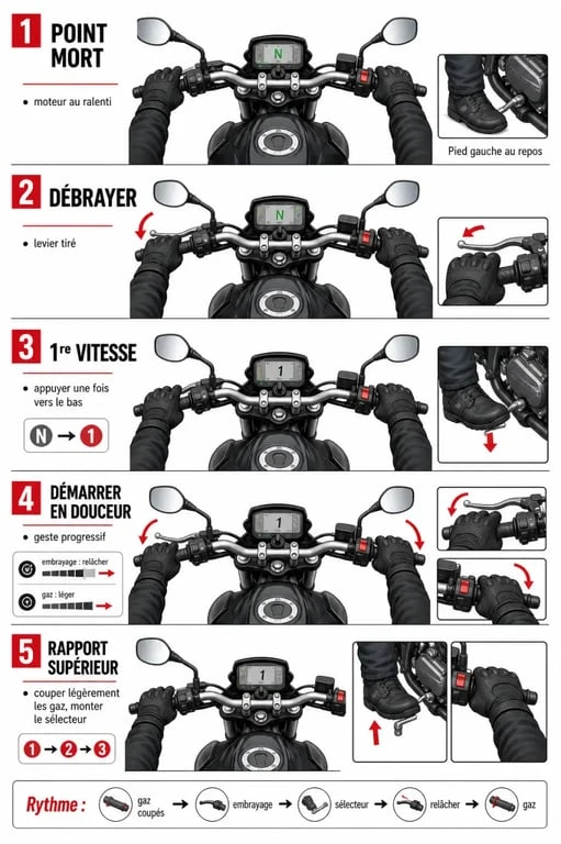 Passage vitesse moto : schéma séquentiel des commandes pour démarrer et monter les rapports