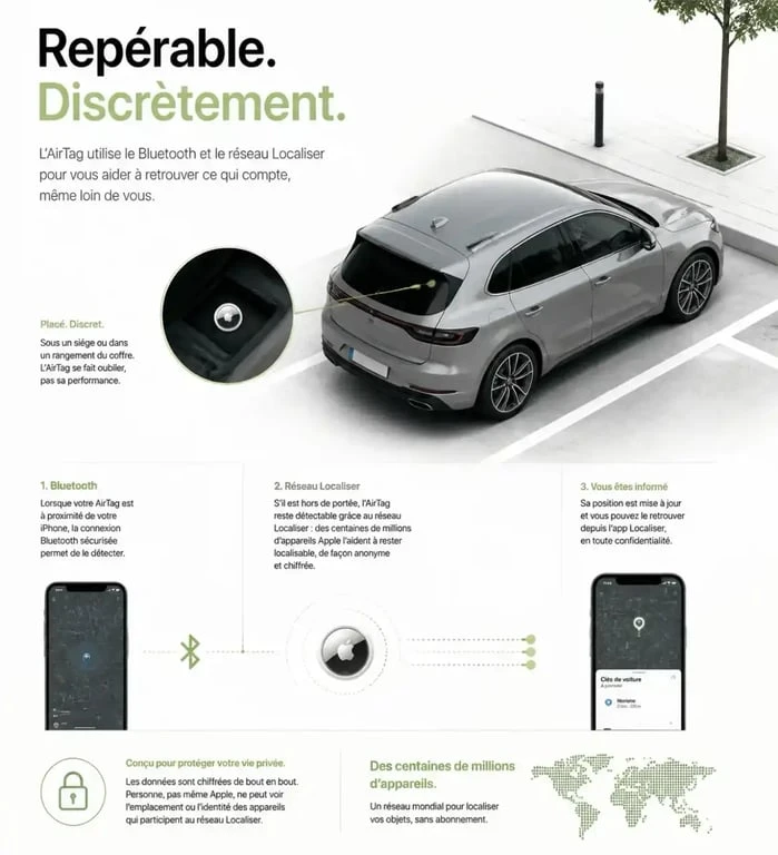 AirTag voiture discrètement placé dans une voiture stationnée pour la localisation
