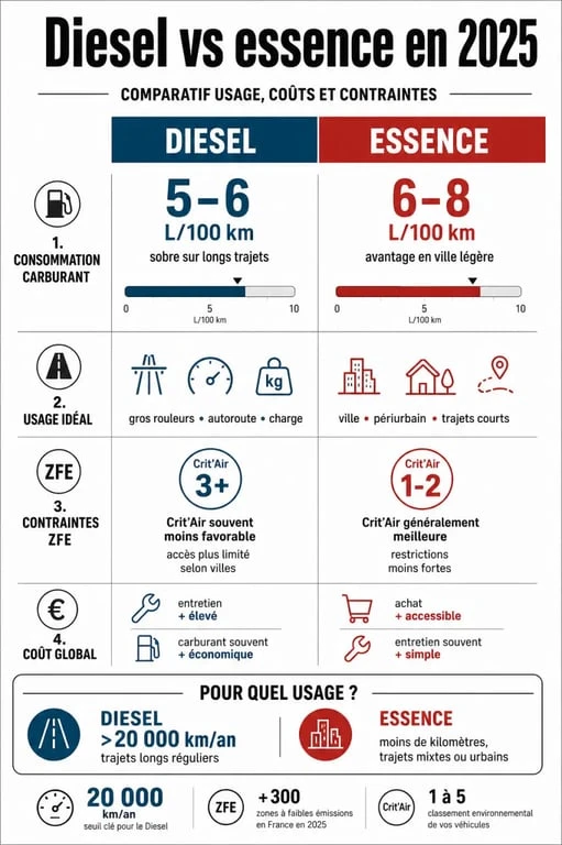 Diesel ou essence en 2025 : infographie comparative pour choisir selon l’usage, le kilométrage et les restrictions ZFE