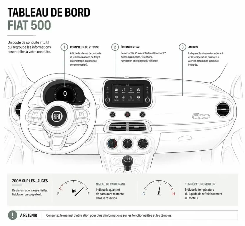 Schéma explicatif du tableau de bord de la Fiat 500