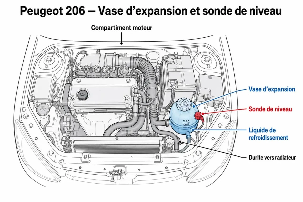 Schéma du vase d'expansion et de la sonde de niveau pour le voyant liquide de refroidissement 206