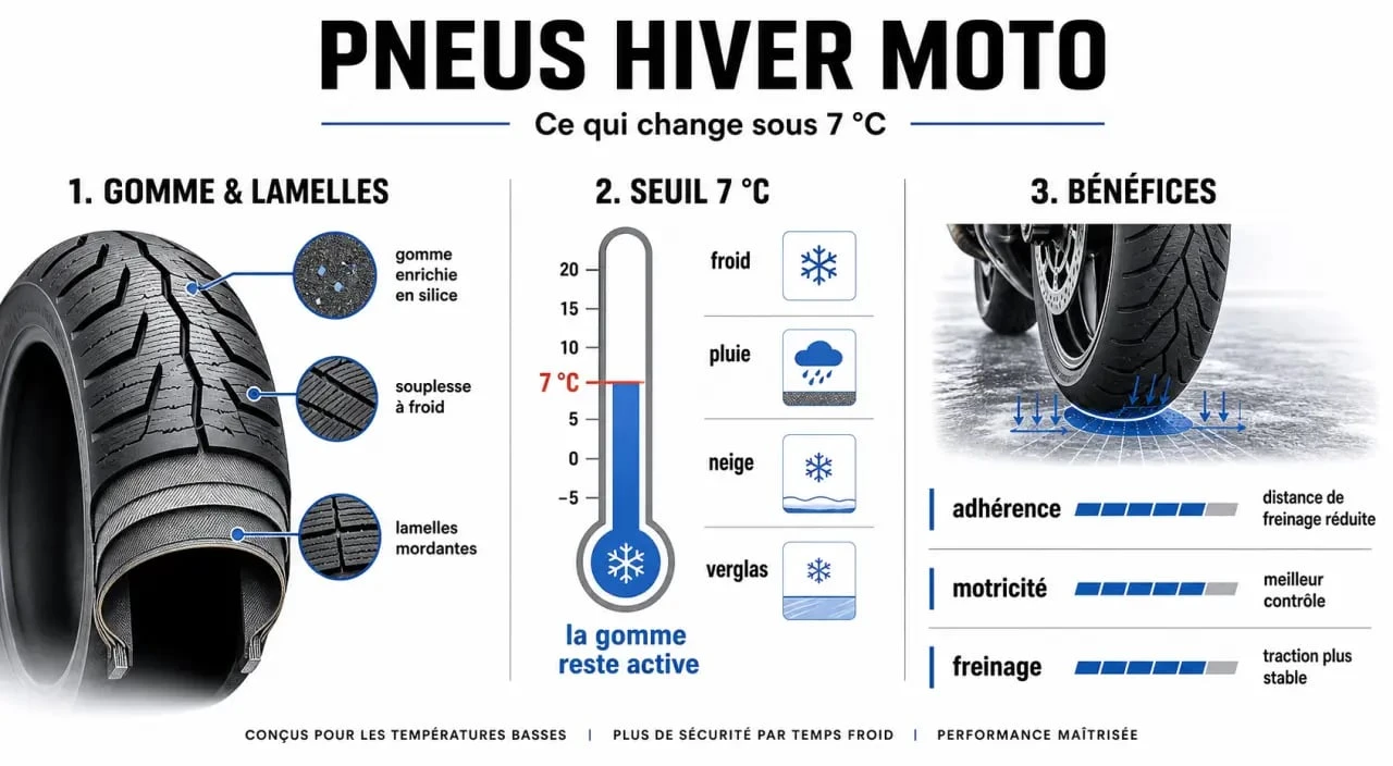 Infographie sur les pneus hiver moto : gomme, seuil des 7°C et sécurité sur route froide