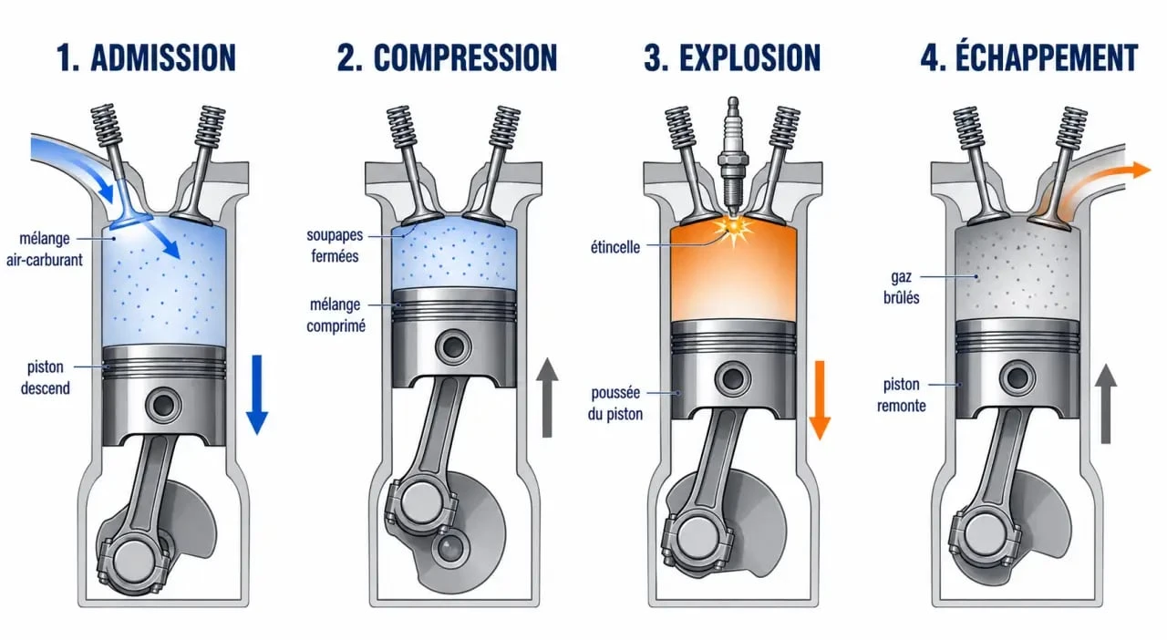 Schéma pédagogique du moteur 4T montrant les quatre temps admission, compression, explosion et échappement