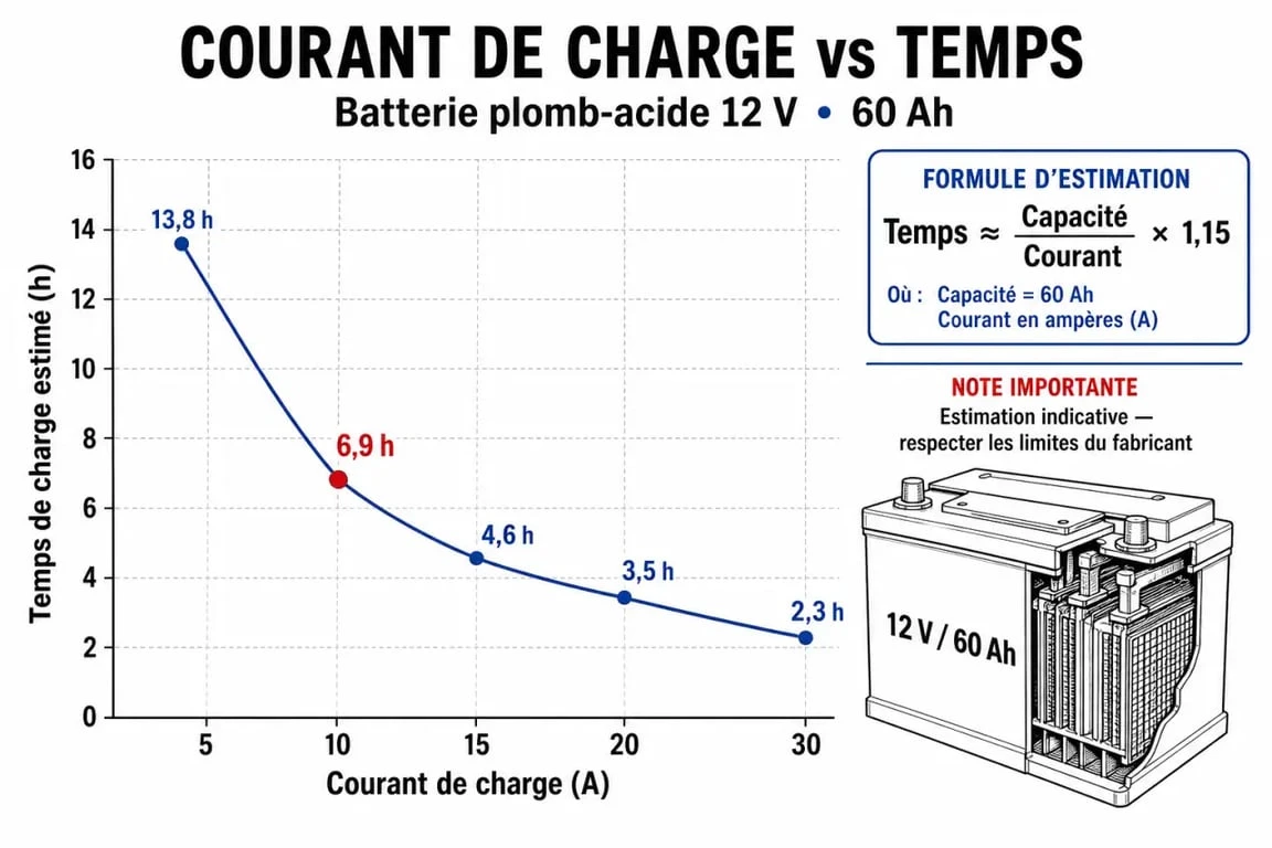 Graphique illustrant le temps de charge d'une batterie 12V 60Ah selon l'intensité du chargeur