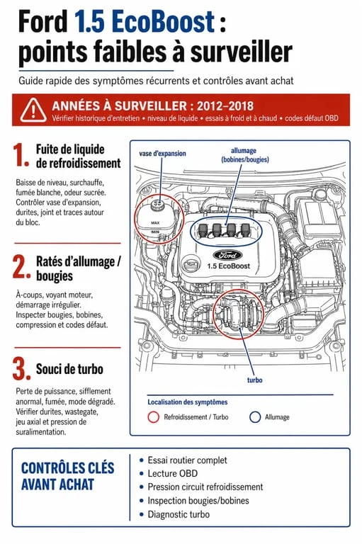 Moteur 1.5 EcoBoost problème : schéma éditorial des fuites de liquide de refroidissement, ratés d’allumage et souci de turbo
