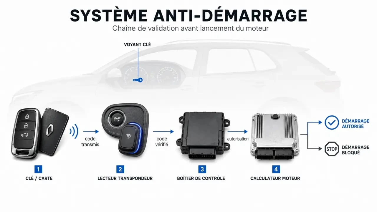 Système anti démarrage voiture : schéma simplifié de la clé, du transpondeur et du calculateur moteur