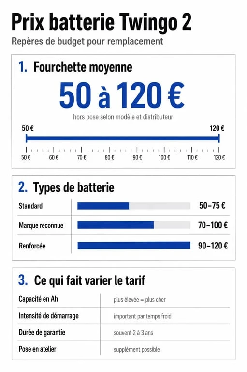Infographie sur le prix batterie Twingo 2 avec fourchettes de prix et critères de choix