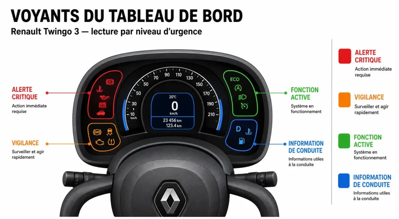 Tableau de bord Twingo 3 avec voyants rouges, orange, verts et bleus et légende des actions à mener