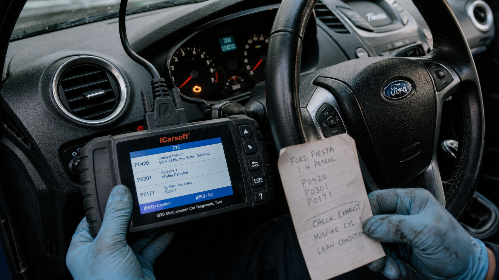 Ford Fiesta voyant moteur orange fixe, valise OBD et codes défaut