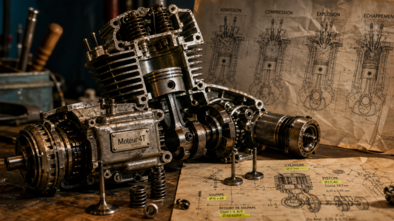 Photo : moteur 4T démonté, 4 phases, soupapes visibles