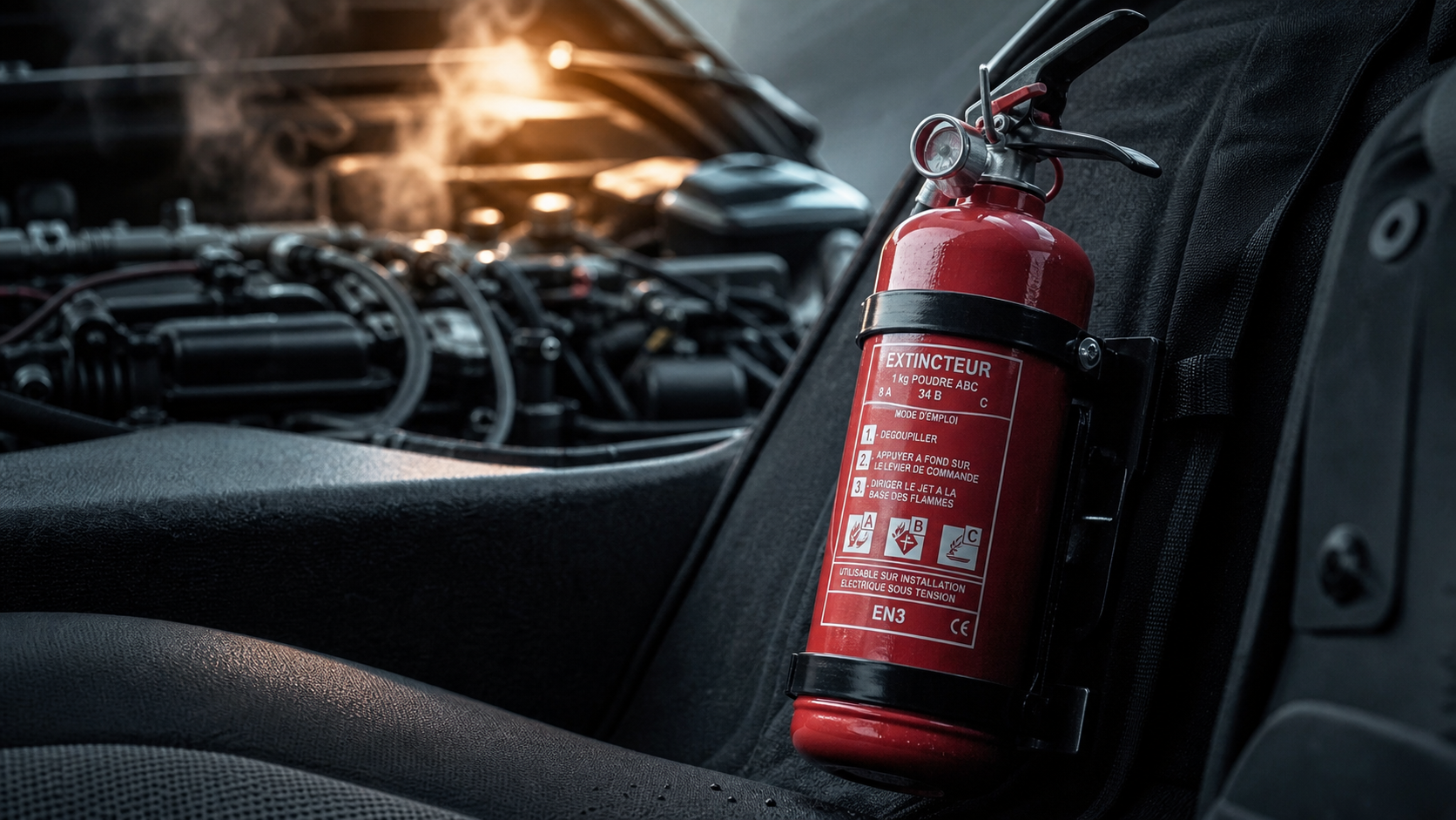 Quel extincteur pour voiture : extincteur 1 kg rouge fixé, prêt à l’emploi