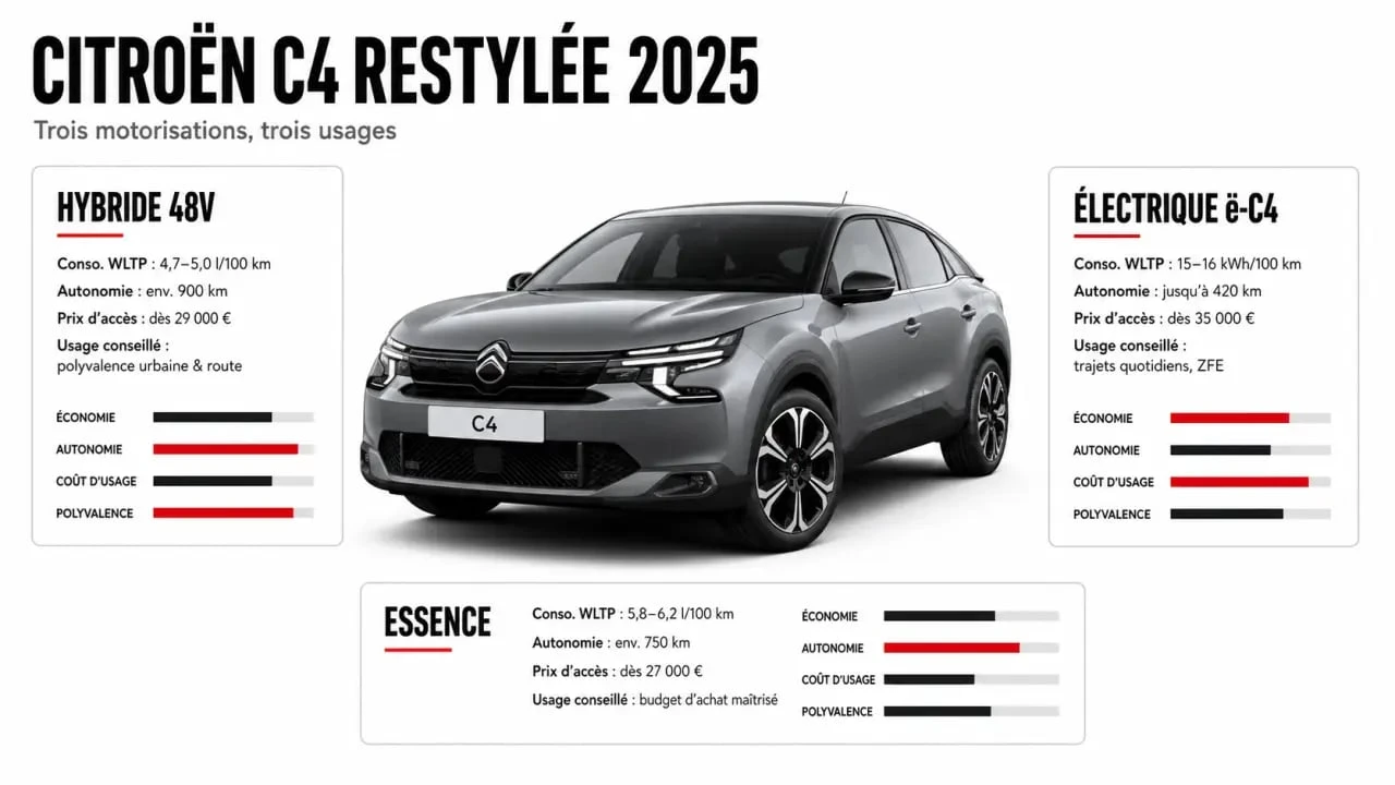 Nouvelle C4 hybride 2025 comparée à l’essence et à l’électrique sur un visuel éditorial