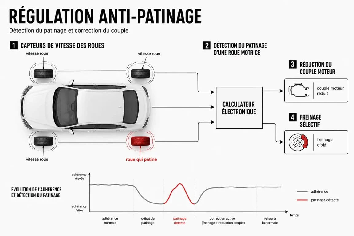 Schéma du fonctionnement de l’anti-slip regulation dans une voiture