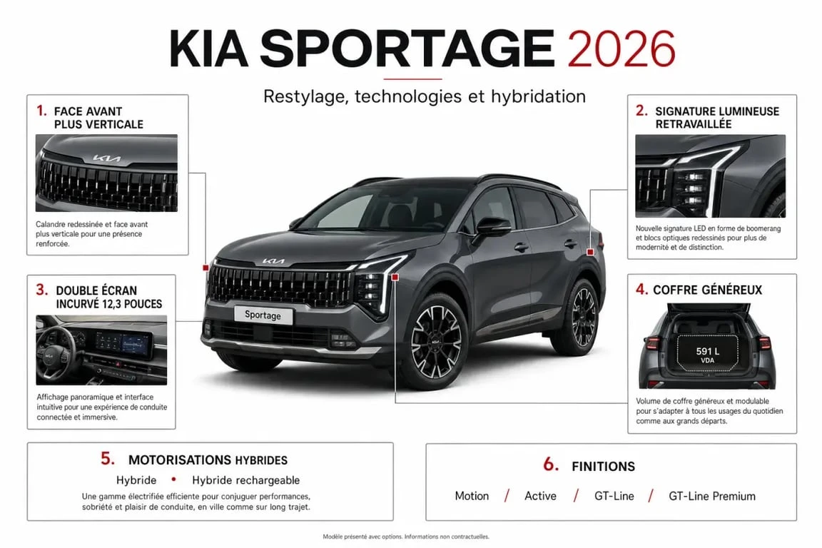 Nouveau Kia Sportage 2026 : infographie des nouveautés, motorisations et finitions