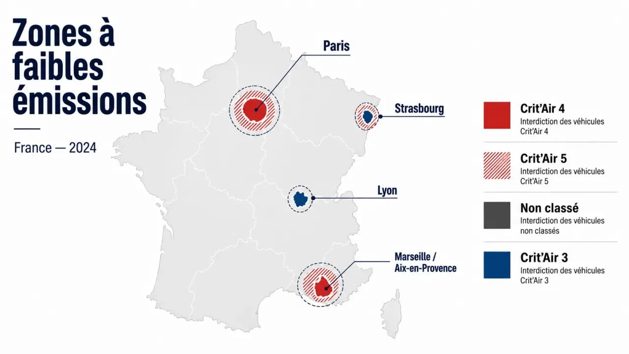 Voiture diesel interdite en 2024 : carte des ZFE et catégories Crit'Air concernées en France