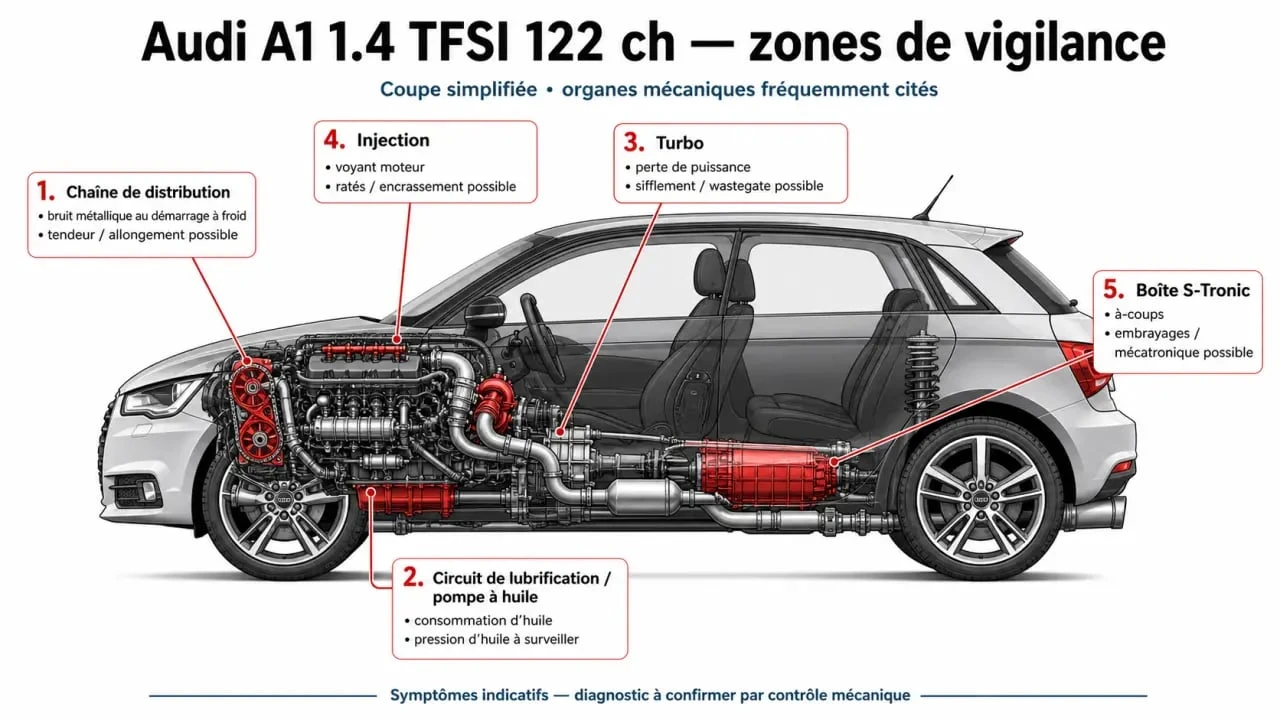 Schéma des problèmes Audi A1 1.4 TFSI 122 avec chaîne, pompe à huile, turbo et boîte S-Tronic