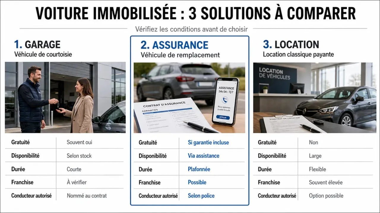 véhicule de courtoisie prêt à usage gratuit : comparaison visuelle entre prêt du garage, véhicule de remplacement et location classique