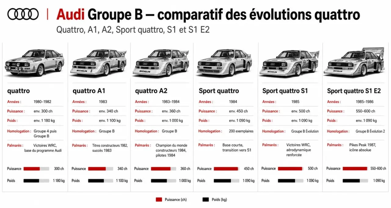 Groupe B Audi : comparatif des versions Quattro, A1, A2, Sport quattro et S1