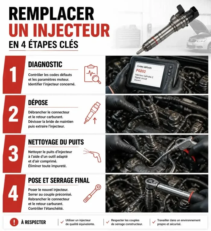 Changer les injecteurs : schéma visuel des étapes de remplacement d’un injecteur automobile
