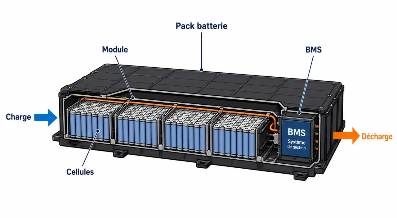 Schéma simplifié de la batterie véhicule électrique montrant cellules, modules, pack et BMS