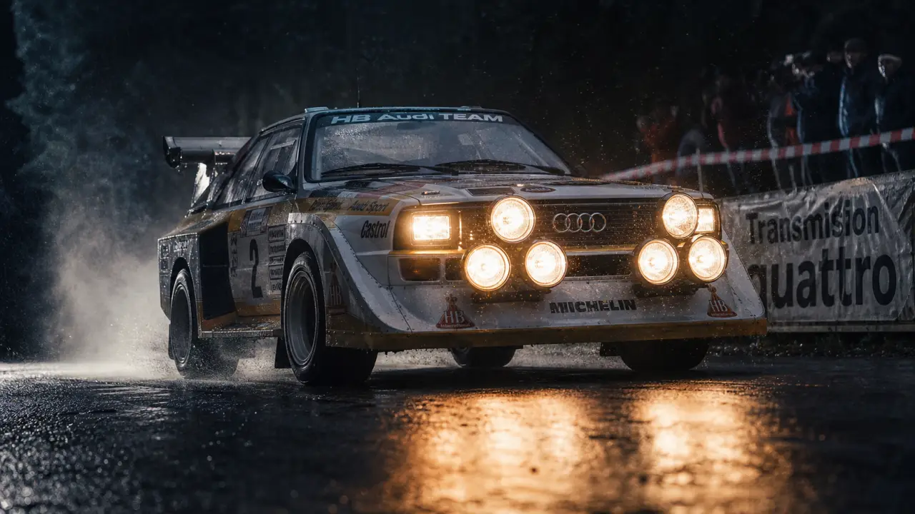 Groupe B Audi Quattro en rallye sous la pluie, quatre roues motrices