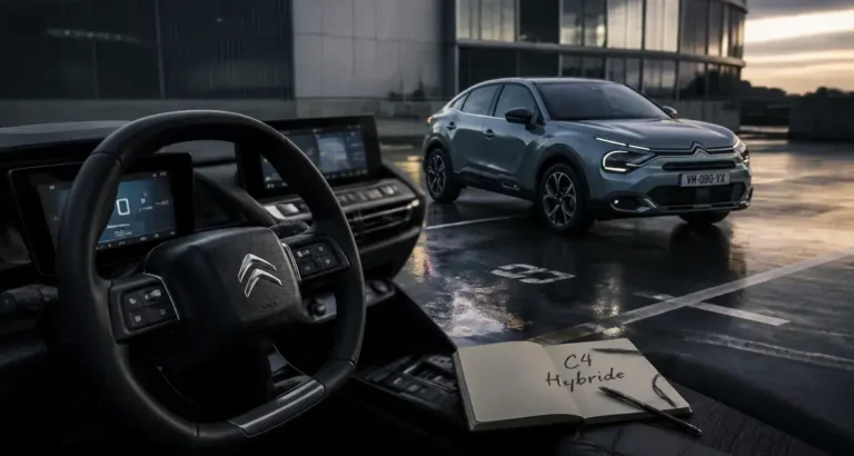 Nouvelle C4 hybride 2025 : vue avant sur parking mouillé