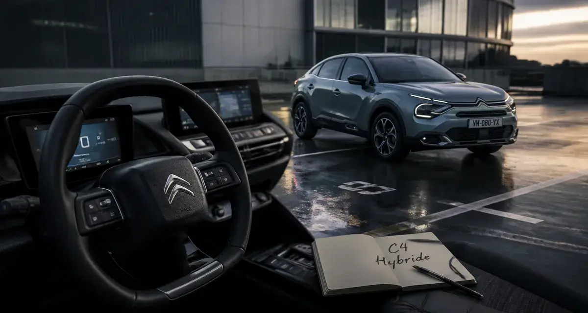 Nouvelle C4 hybride 2025 : vue avant sur parking mouillé