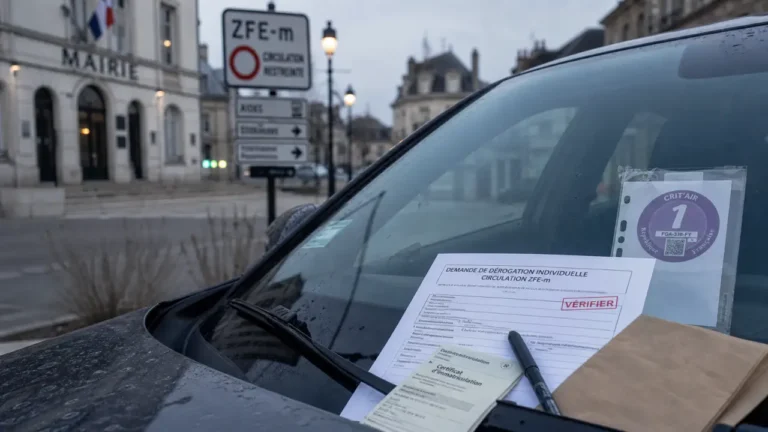 Voiture diesel interdite en 2024 : vignette Crit’Air et ZFE devant une mairie