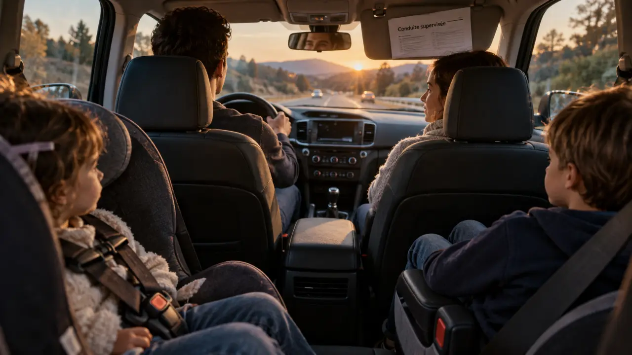 Conduite supervisée passagers arrière : enfants bien installés en siège auto avant trajet