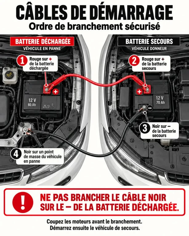 Schéma étape par étape pour brancher des câbles pour démarrage voiture en toute sécurité