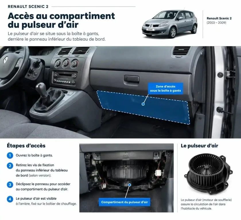 Accès au pulseur d'air pour diagnostic ventilateur Scenic 2