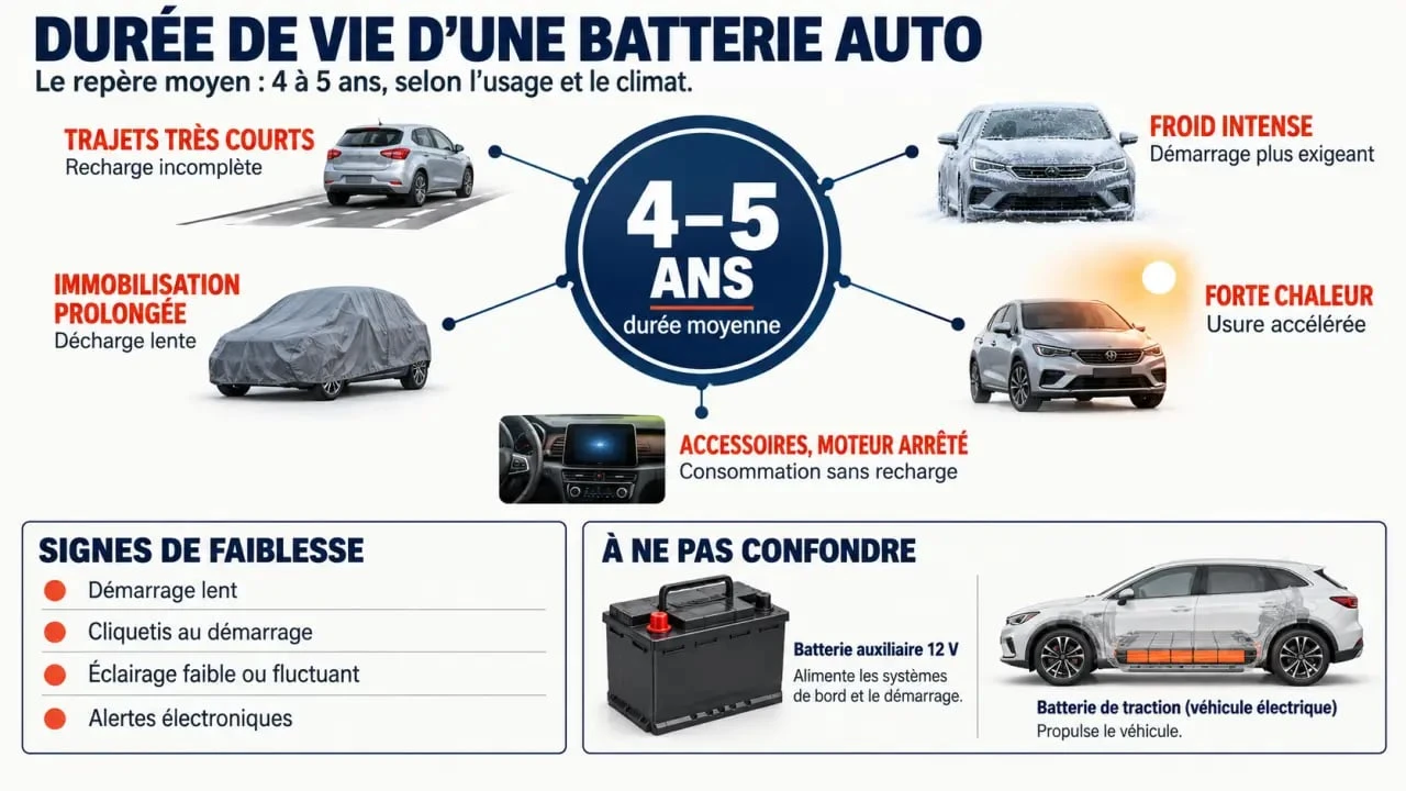 Infographie sur la durée de vie batterie automobile, les facteurs d’usure et les signes de faiblesse