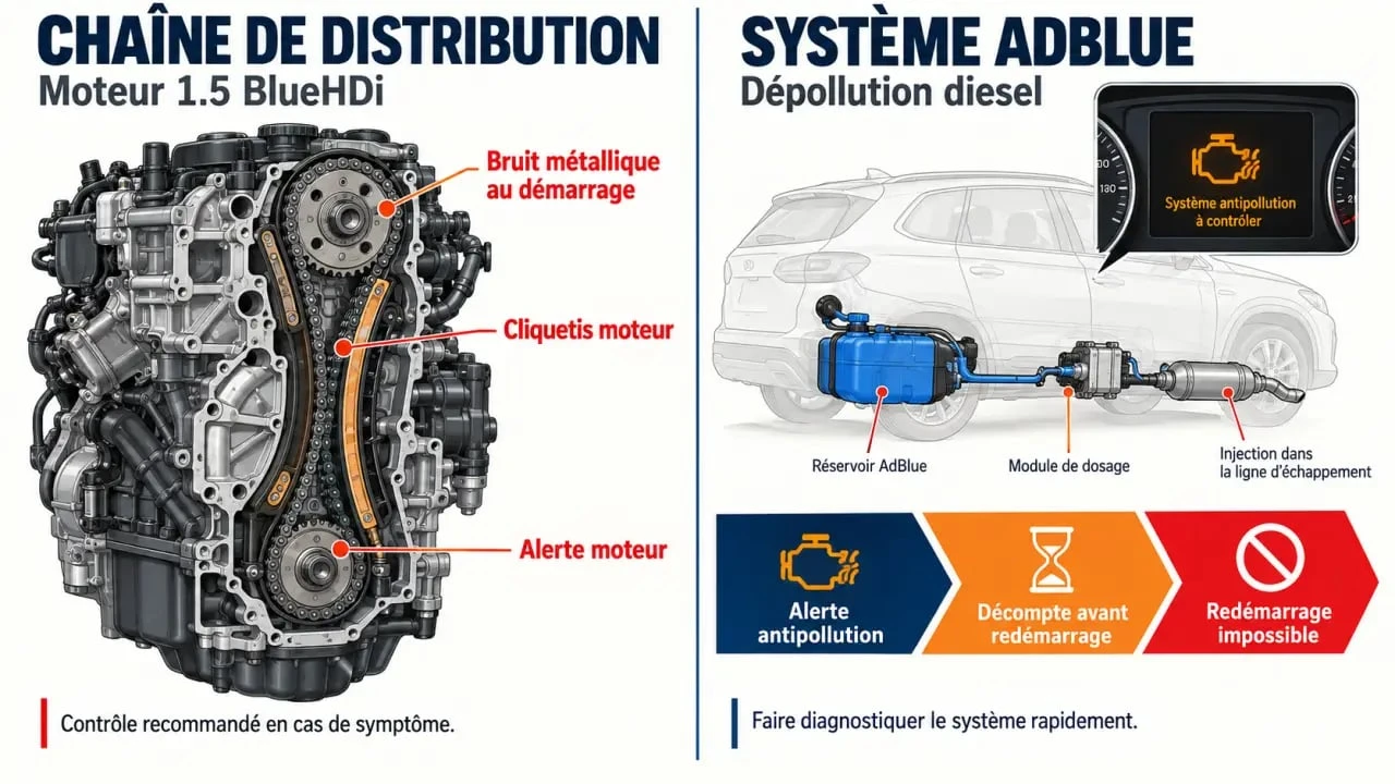 Infographie sur les problèmes du Peugeot 2008 2021 diesel : chaîne de distribution et système AdBlue