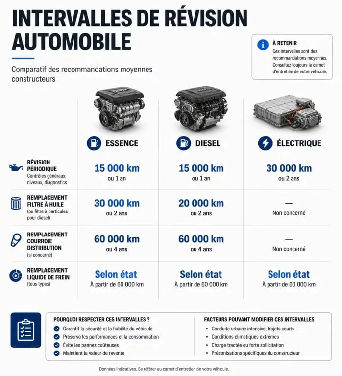 Infographie des intervalles de révision voiture selon la motorisation