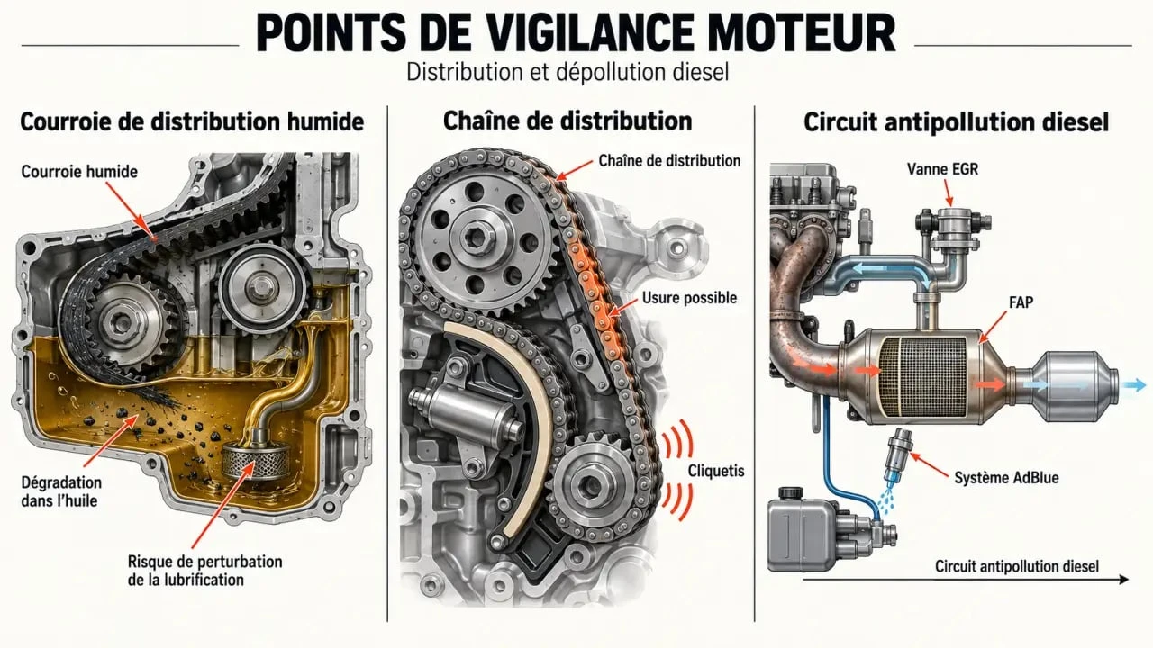 Schéma des principaux problèmes moteur Peugeot : courroie humide, chaîne de distribution, FAP et système AdBlue