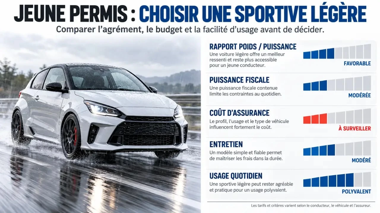 Infographie pour choisir une voiture jeune permis sportive selon le poids, la puissance et le coût d’usage