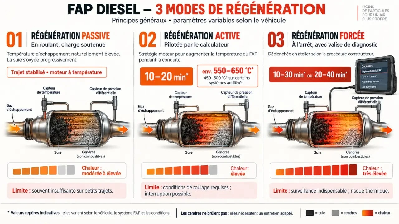 Infographie sur la régénération FAP à l’arrêt, passive, active et forcée